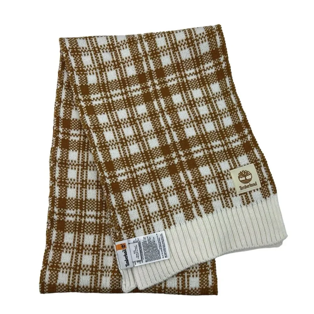 Timberland Scarf Wheat Buffalo Plaid Knit One Size 64 In X 10 In‎ Ribbed Trim
